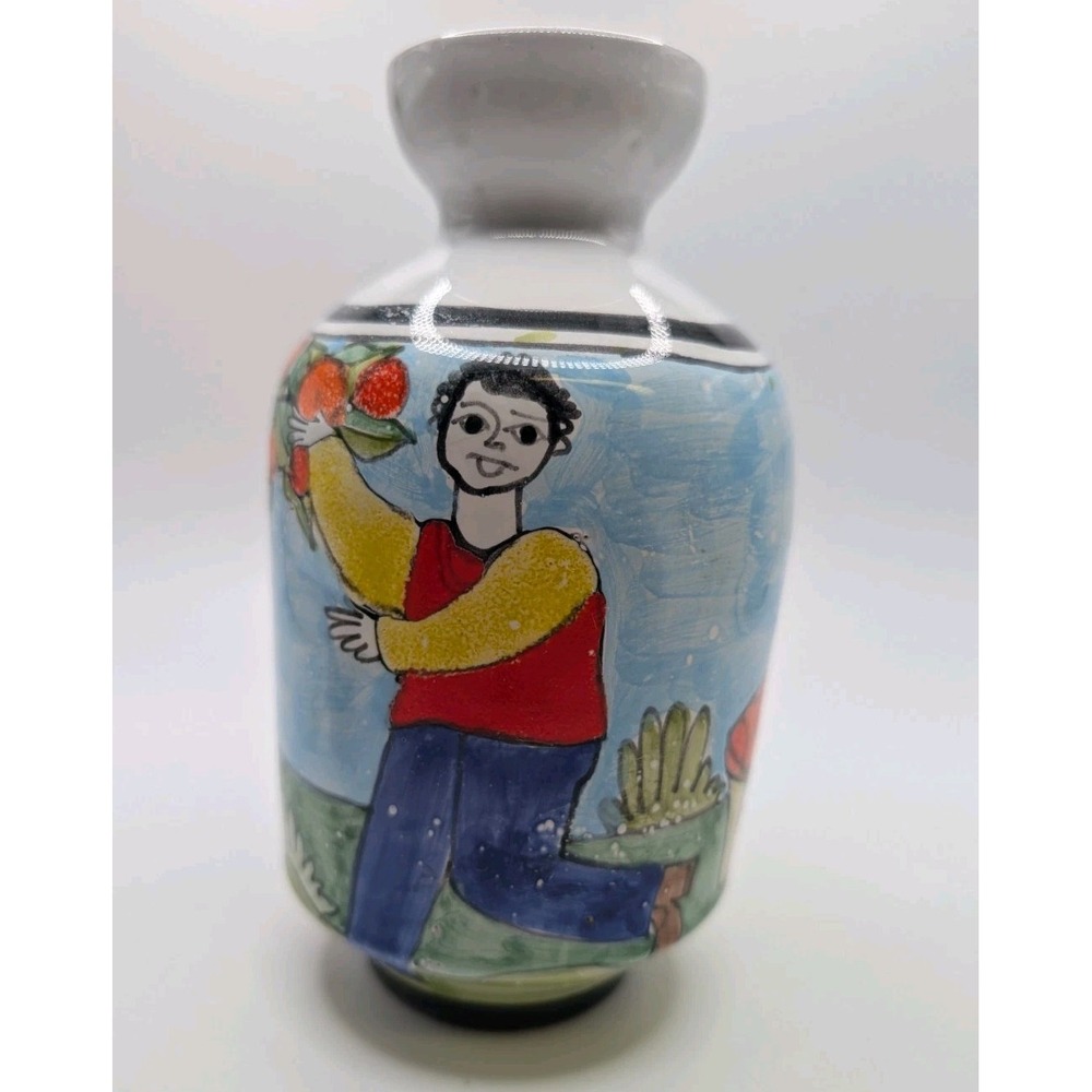 Vintage Nino Parrucca Vase‎ Boy Picking Fruit Apples Ceramic Painted Italy READ